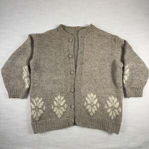 Hand Knit Wool Cardigan Sweater Taupe Brown Snowflake Intarsia Heavy Knit L/XL